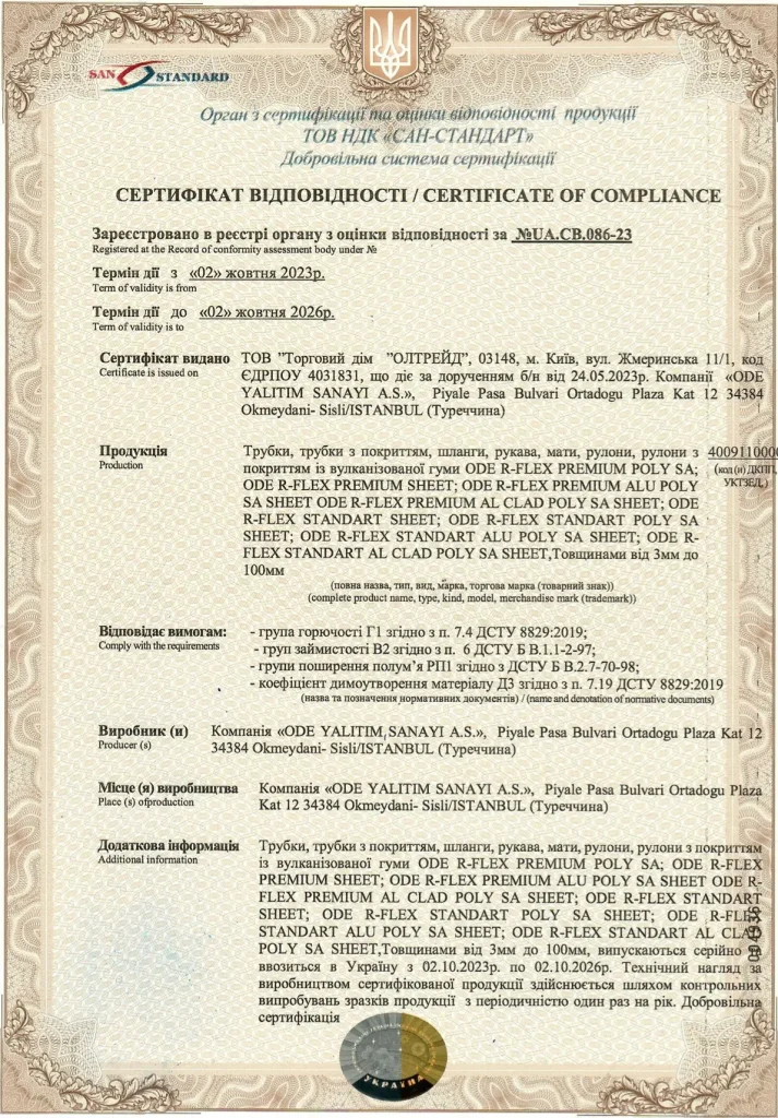 Сертифікат відповідності Трубки, трубки з покриттям, шланги, рукава, мати, рулони, рулони з покриттям із вулканізованої гуми